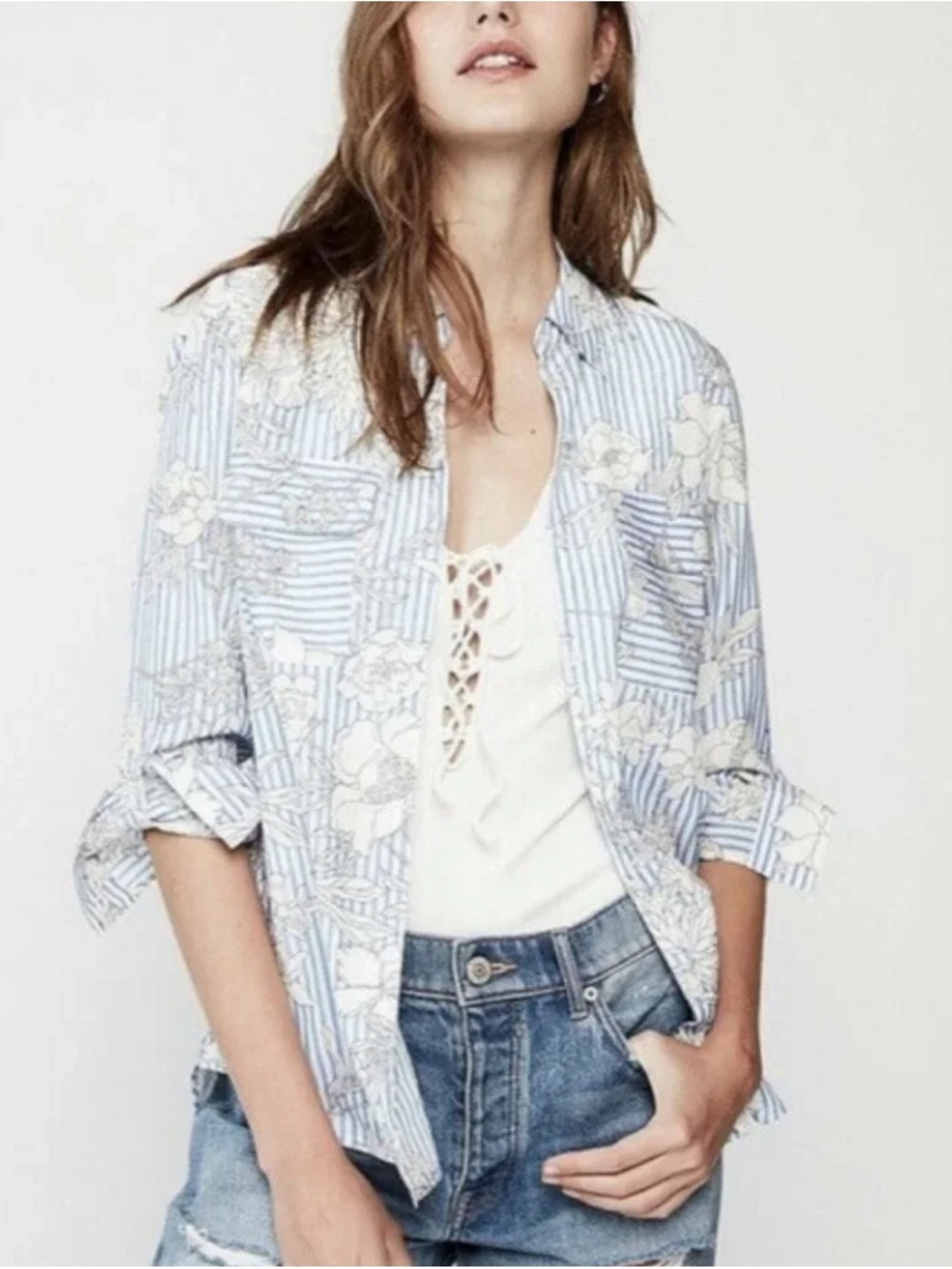 Express The City Shirt Blue White Striped Gray Floral Pattern Button Up Medium